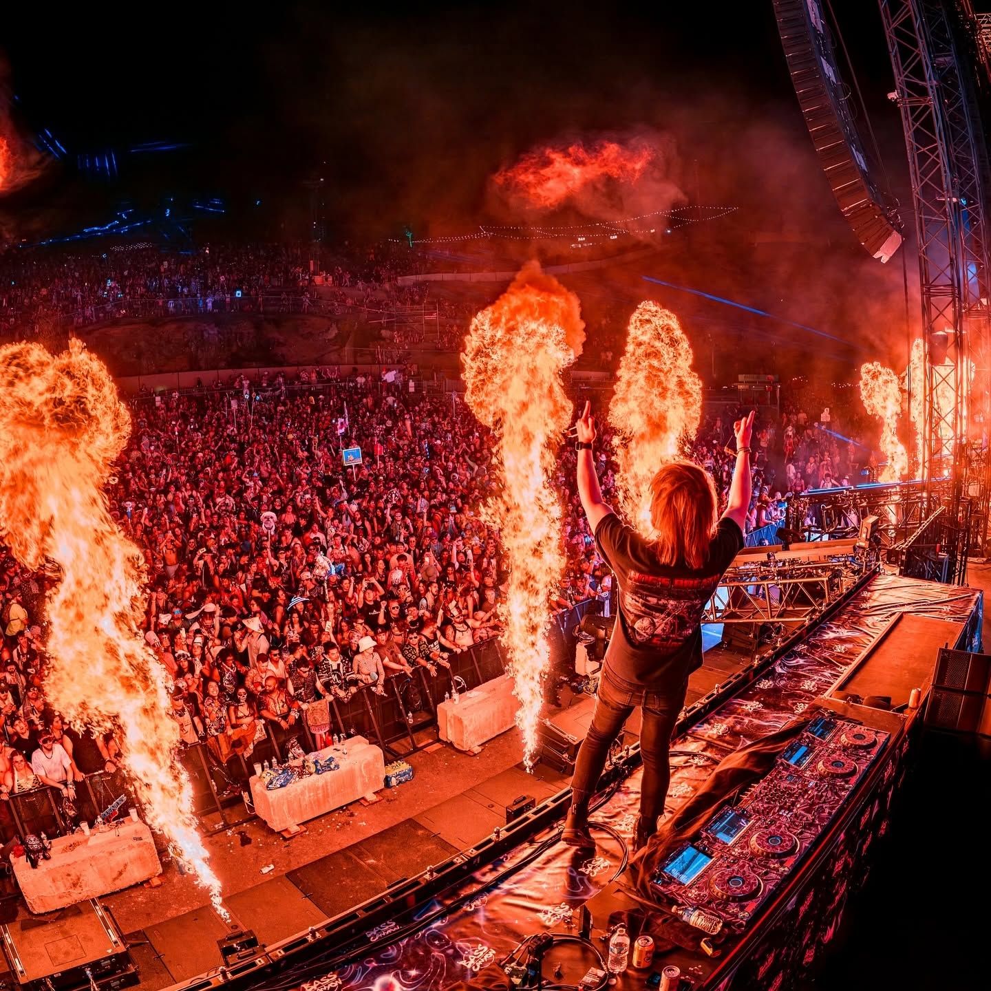 Bass Canyon stage with pyro under PK Sound arrays