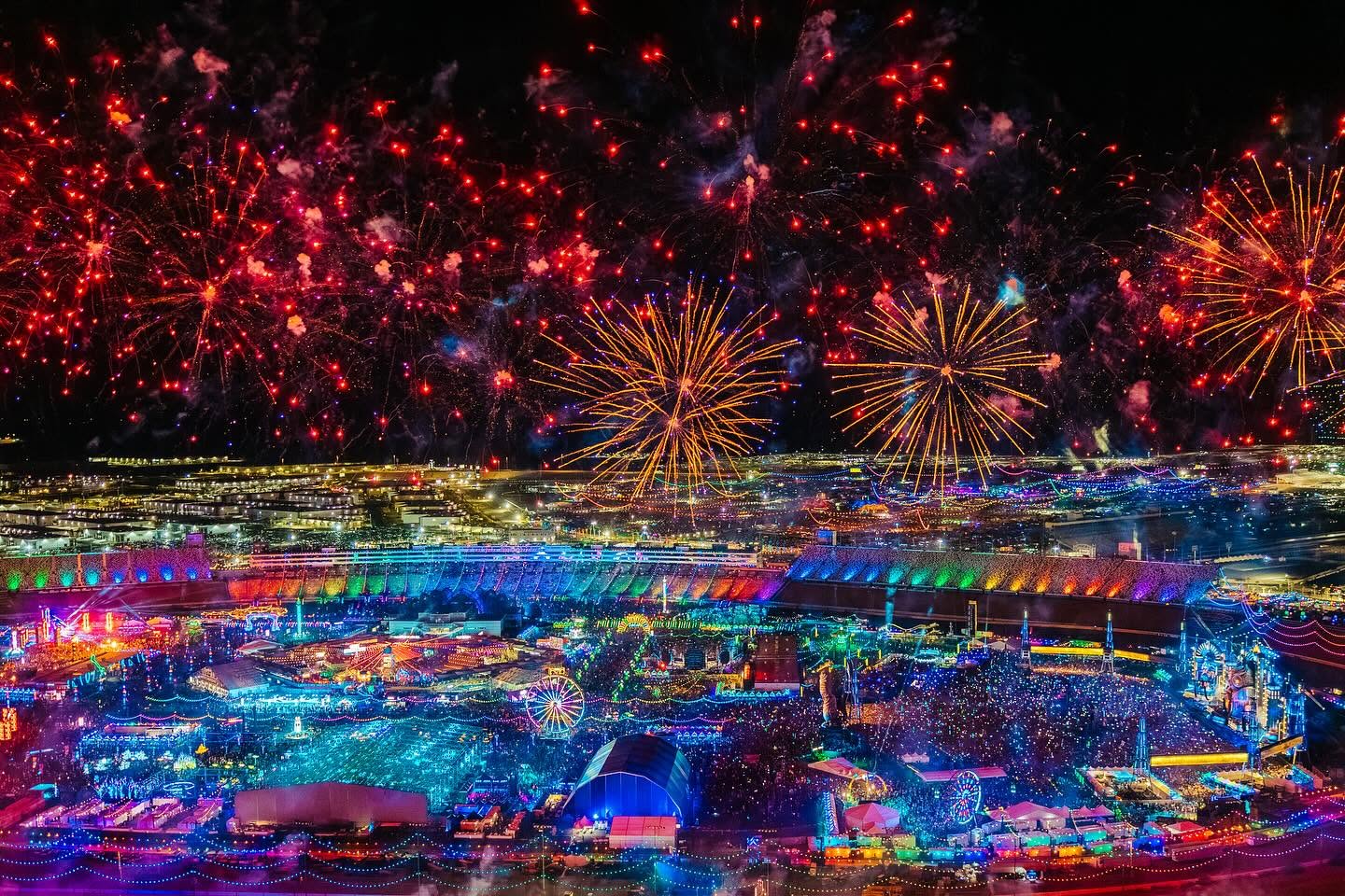 EDC main stage with fireworks over PK Sound arrays