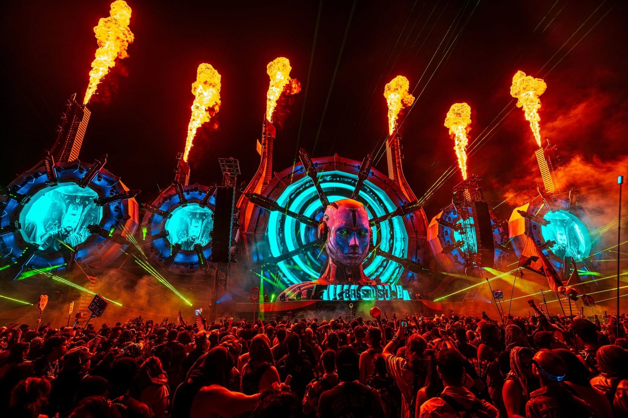 The bassPOD stage at EDC Las Vegas, flame jets firing over a packed crowd